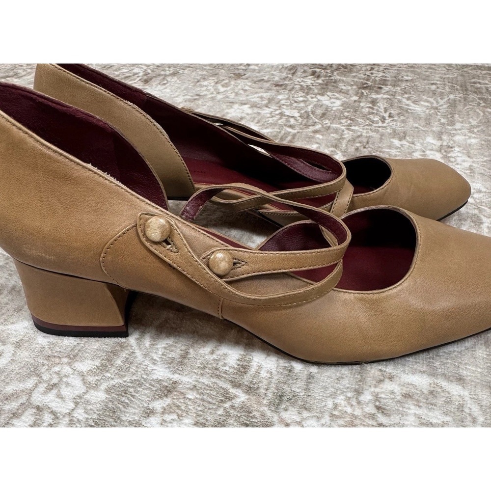 Women's Tan Mary Jane Heeled Boots with Double Strap Detail